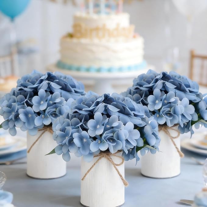 Dusty Blue Flower Table Centerpieces, Hydrangeas & Rose | Floral Arrangement - Image 3