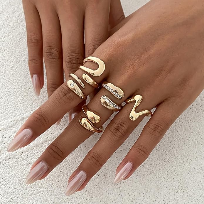 Chunky Gold Rings for Women Rhinestone Stackable Knuckle Ring Set Open Adjustable Statement Ring Set Dainty Crown Cross Midi Rings Fashion Jewelry Gift for Women