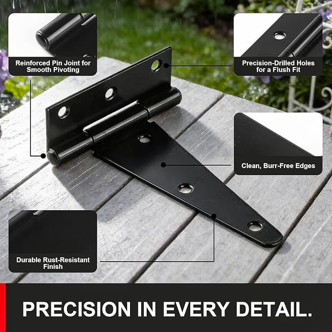 6 Inch Heavy Duty Door Hinges, 4 Pack Black T Strap Hinges, 2.4mm Thick Steel - Image 4