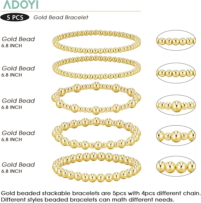 adoyi Valentines Day Gifts for Her Gold Bracelets for Women Waterproof, 14K Gold Plated Beaded Strand Bead Ball Bracelets stack Adjustable Jewelry Set for Gifts