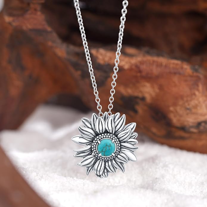 Sunflower Turquoise Necklace 925 Sterling Silver Genuine Turquoises Sunflower Necklace Western Nature Gemstone Turquoise Jewelry Gifts for Women