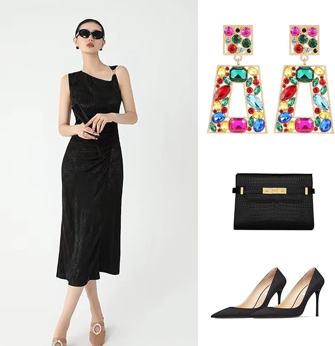 Rhinestone Rectangle Statement Earrings Colorful Crystal Geometric Drop Dangle Earrings for Women Prom Party