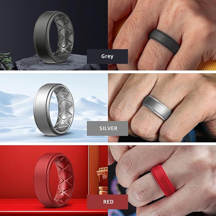 Egnaro Silicone Rings for Men 1/4/5/6/7 Multipack of Breathable Mens Silicone Rubber Wedding Rings Bands - Step Edge