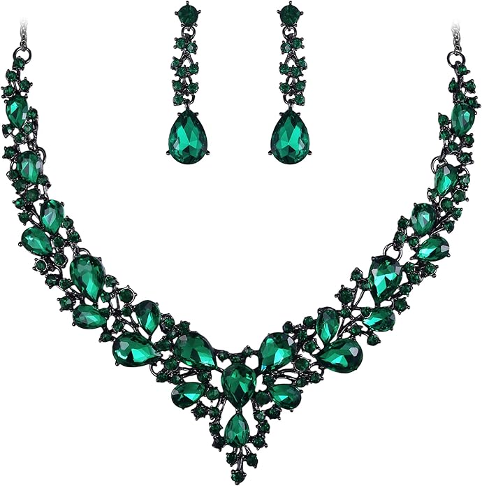 BriLove Women's Wedding Bridal Austrian Crystal Teardrop Cluster Statement Necklace Dangle Earrings Jewelry Set