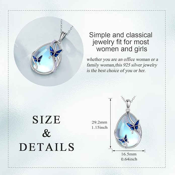 KQF Dragonfly/Butterlfy/Cat/Jellyfish/Bunny/Axolotl/Bee/Mermaid/Hummingbird/Elephant Necklace for Women Sterling Silver Moonstone Pendant Necklace Dragonfly Jewelry Gifts for Women