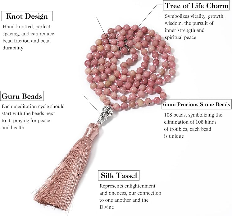 INBLUE 108 Mala Prayer Beads Wrap Necklace with Long Tassel Boho Necklace for Women Amazonite Bead Bracelet with Spiritual Tree of Life Pendant 108 Beads Necklace for Meditation