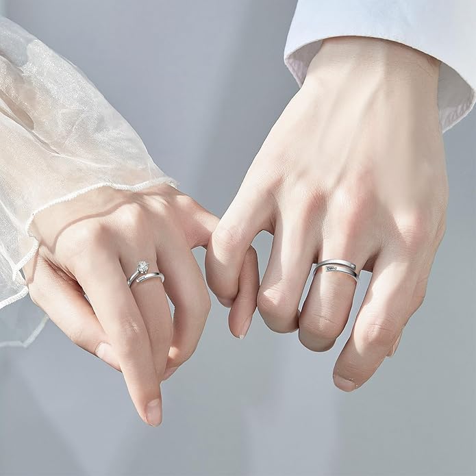 Personalized Couple Rings Engraved with Names - Adjustable Matching Promise Rings Set with Cubic Zirconia, Romantic Gift for Her/Him, Wedding, Anniversary, Valentine's Day (No Size Worry)