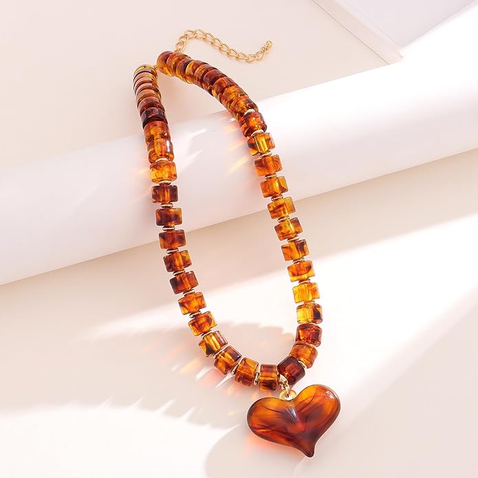 Large Acrylic Heart Necklaces for Women Chunky Puffy Heart Pendant Necklace Exaggerated Statement Love Beaded Choker Necklace Jewelry