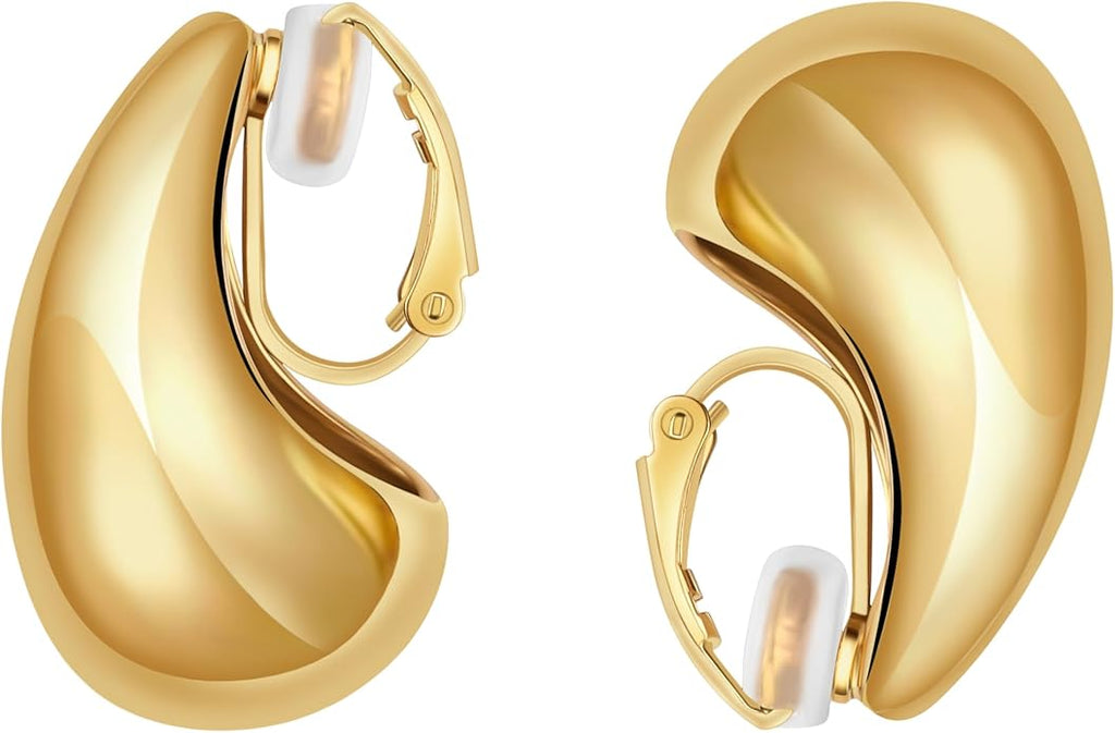 Clip on Earrings Women, 14K Gold Hoop Clip-On Earrings for Women, Hypoallergenic Non Pierced Croissant Earrings
