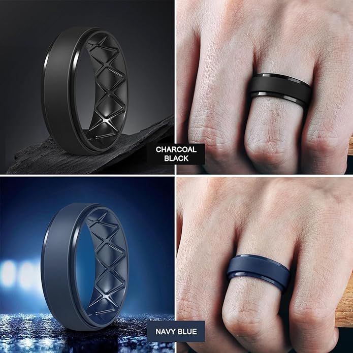 Egnaro Men's Rings 8.5mm Wide-2mm Thick Inner Arc Ergonomic Breathable Rubber Wedding bands-Hypoallergenic for Gym/Outdoor/Gift((1-7 Variety Pack with Half Size)