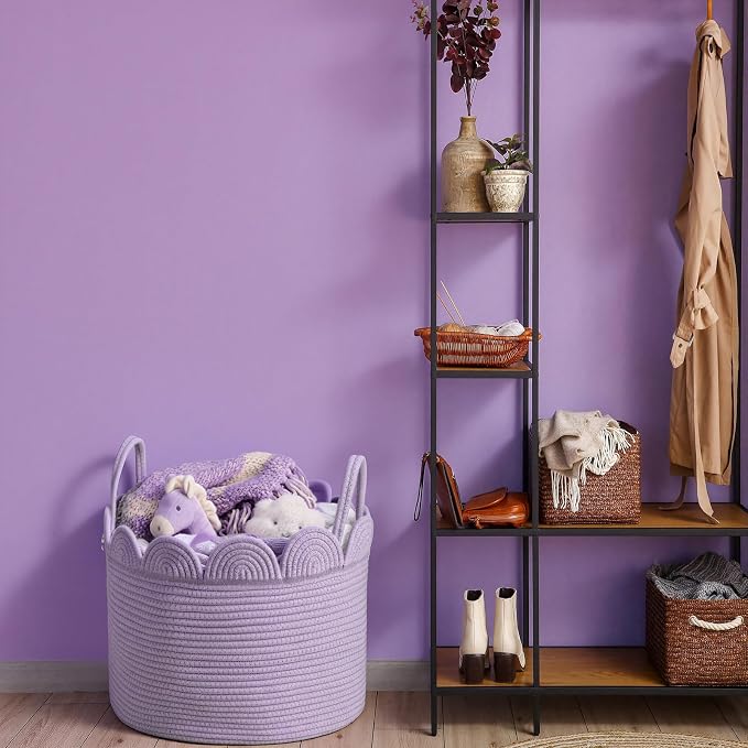 LemonRoad Round Woven Basket Lavendor Purple, Cotton Rope Scalloped Edge Tassels - Image 4
