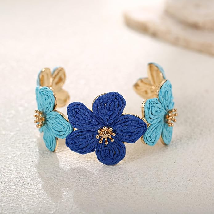 Raffia Flower Cuff Bracelet for Women, Floral Chunky Bangle Wide Open Cuff Statement Bracelet