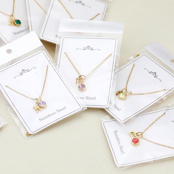 MISS RIGHT Initial Birthstone Necklace for Women - Personalized Gifts Birthday Gifts for Women Stainless Steel 18K Gold Plated Dainty Gold Zodiac Sign 12 Constellation Horoscope Necklace Jewelry