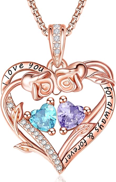 Rose Heart Necklaces for Women, Rose Gold Forever Love Jewelry with 2 Birthstones Pendant,Valentines Anniversarry Birthday Gifts for Her Wife Mom Grandma Daughter, 18+2 Inch Chain