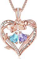 Rose Heart Necklaces for Women, Rose Gold Forever Love Jewelry with 2 Birthstones Pendant,Valentines Anniversarry Birthday Gifts for Her Wife Mom Grandma Daughter, 18+2 Inch Chain