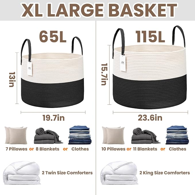 JMvicyroam 65L Extra Large Machine Washable Cotton Rope Blanket Basket | - Image 3