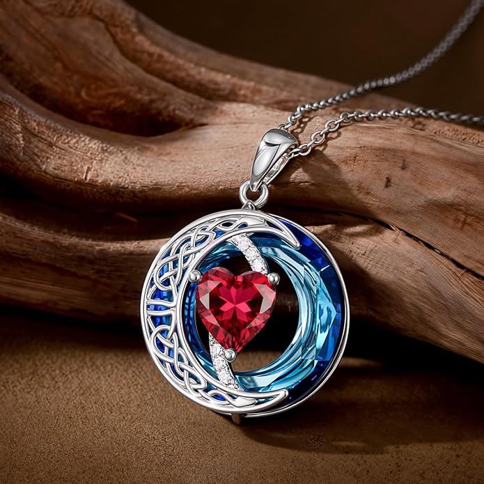 Valentines Day Gifts for Women, Birthstone Necklace for Women, Celtic Moon Pendant Blue Crystal Necklace Heart Jewelry Anniversary Jewelry Gift for Daughter Wife Mother Sister