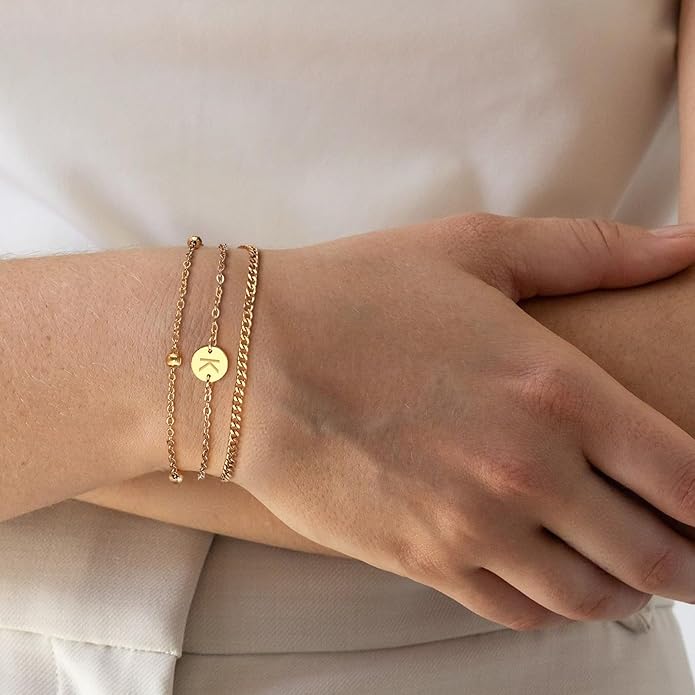 Valentines Day Gifts - A to Z Layered Initial Bracelets for Women - 18K Gold Plated on Stainless Steel Letter Charm Bracelet - Gold Jewelry Gifts for Birthday Christmas