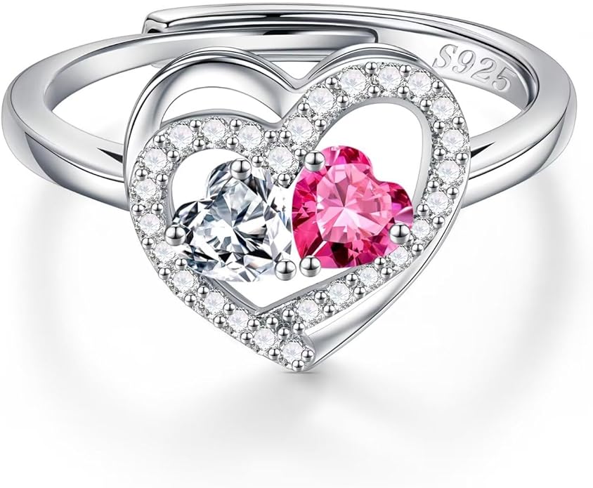 Iefil Adjustable Ring for Women - 925 Sterling Silver Double Birthstone Rings, Anniversary Birthday Gifts for Women Wife Her