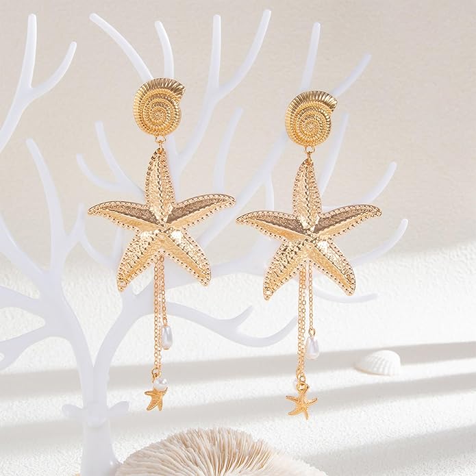 Gold Starfish Earrings for Women Trendy Dainty Starfish Statement Stud Earrings Hypoallergenic Summer Beach Ocean Coastal Jewelry