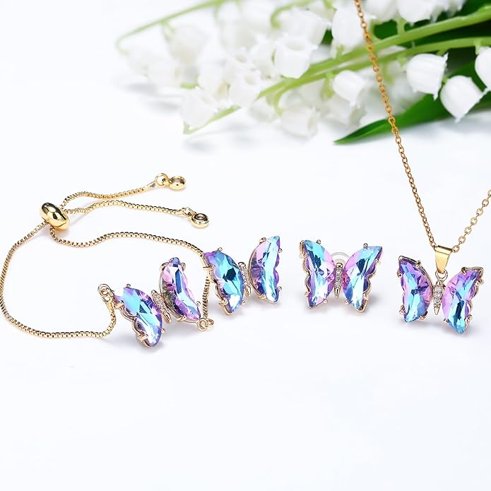 MISS RIGHT Butterfly Crystal Jewelry Set with Butterfly Necklace Stud Earrings Bolo Bracelet Adjustable Ring for Women Trendy, Iridescent Y2K Dainty Butterfly Jewelry Gifts