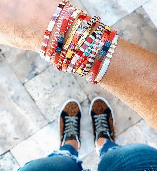 Sonateomber Tila Flat Beaded Stretch Bracelets for Women, Trendy Unique Colorful Square Beads Handmade Stack Bracelet Friendship Accessories Fashion Jewelry Gift