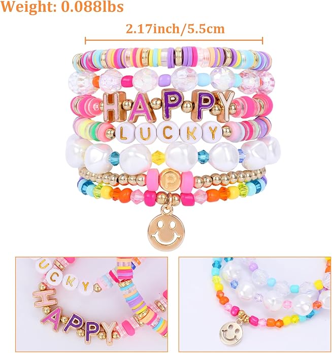 Bohemian Colorful Beaded Bracelets for Women Boho Stackable Natural Stone Letter Clay Glass Beads Stretch Bracelet Set with Charm, Cute Rainbow Friendship Bracelets for Summer Vacation