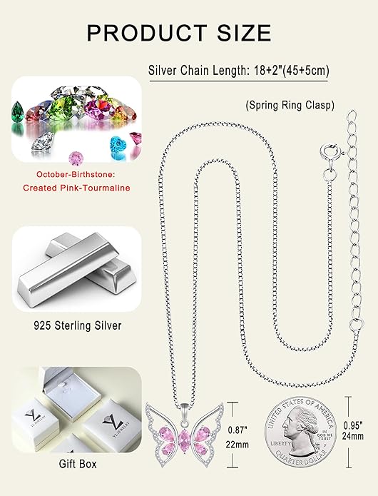 YL Women's Butterfly Necklace 925 Sterling Silver Flower Rose Pendant Birthstone Halo Jewelry