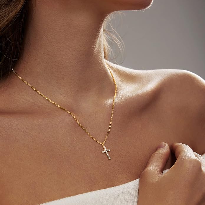 Zeffy Cross Necklace for Women, 18k Gold/Silver Plated Tiny Cross Pendant Necklace Simple Layered Cross Necklaces Gold Jewelry for Women