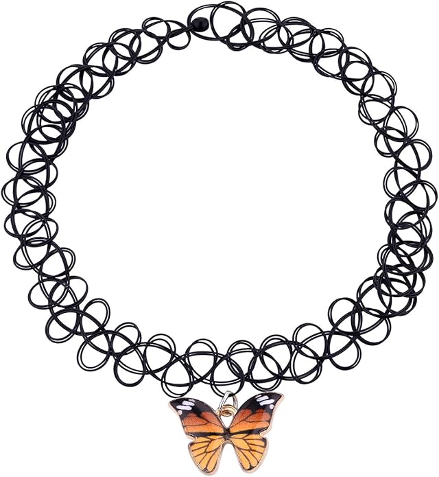 BodyJ4You 2PC Tattoo Choker Necklace - 90s Choker Necklace Women - 2000s Y2K Black Chokers Rainbow Choker - Butterfly Ying Yang Unicorn Rainbow Charms - Stretchy Elastic Necklace