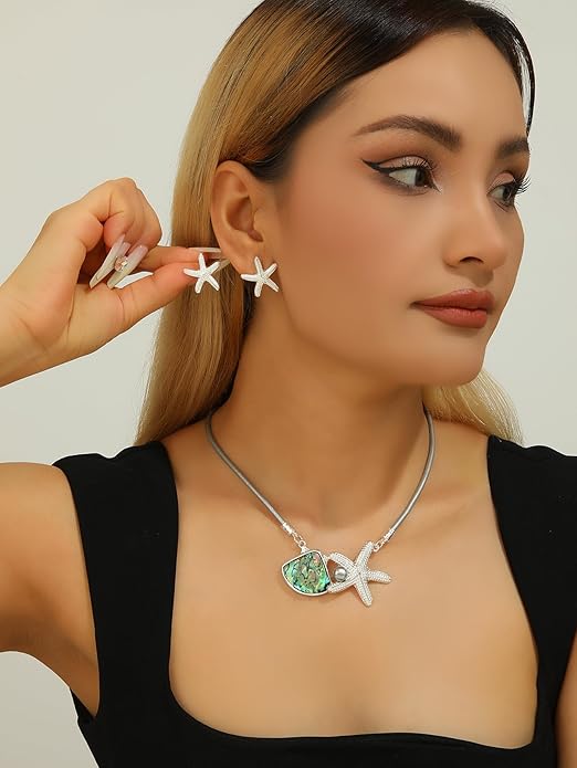 Chunky Statement Jewelry Set Blue Ocean Seashell Choker Necklaces Earrings Set for Women Pearl Bib Collar Necklaces for Party Prom Pageant Summer Fashion Jewelry Unique Birthday Gift