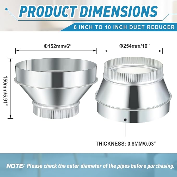 1 Pcs 10 Inch to 6 Inch Duct Reducer Increaser | Galvanized Steel Air Duct - Image 2