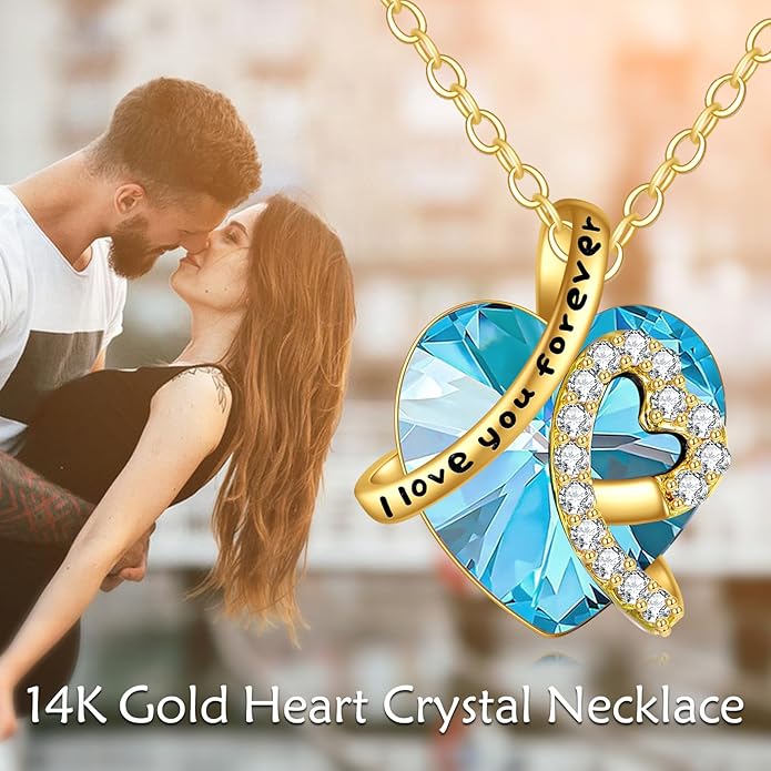 KECHO 14K Real Gold I Love You Forever Necklace Solid Yellow Gold Heart Birthstone Crystal Pendant Jewelry Birthday Mother's Day Anniversary Christmas Gifts for Women
