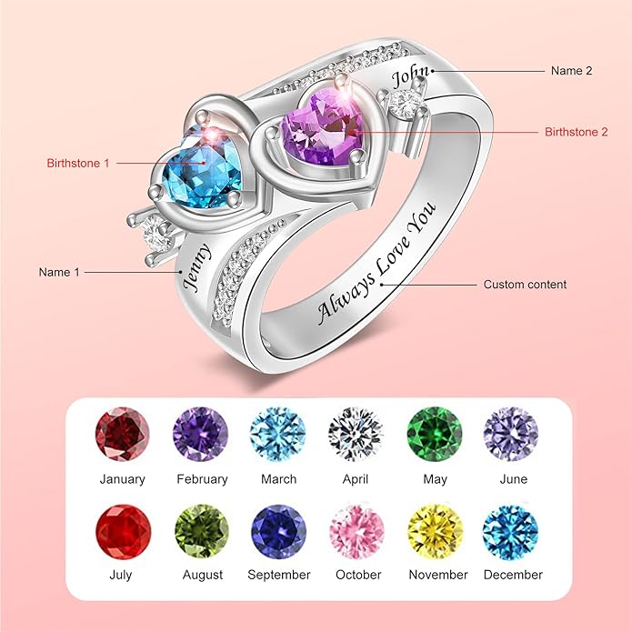 Personalized Heart Birthstone Rings for Women with 2 Birthstones Custom Name Rings for Couple Mother Daughter Jewelry Gift for Mother Her Christmas