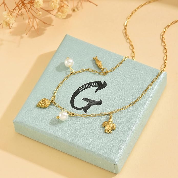 Anklets for Women Dainty CZ Ankle Bracelet 18K Gold Plated Waterproof Boho Dot Star Moon Daisy Ocean Beaded Anklet Trendy Foot Jewelry