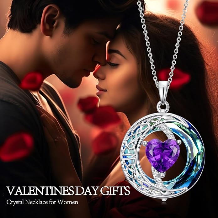 Valentines Day Gifts for Women, Birthstone Necklace for Women, Celtic Moon Pendant Blue Crystal Necklace Heart Jewelry Anniversary Jewelry Gift for Daughter Wife Mother Sister