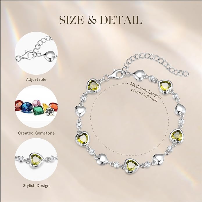 Carleen Birthstone Bracelets for Women 925 Sterling Silver Five Heart Station Created Gemstone Tennis Bracelet Jewelry Anniversary Birthday for Wife, 7"+1.2" Extender