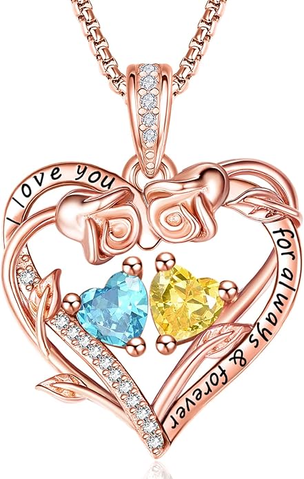 Rose Heart Necklaces for Women, Rose Gold Forever Love Jewelry with 2 Birthstones Pendant,Valentines Anniversarry Birthday Gifts for Her Wife Mom Grandma Daughter, 18+2 Inch Chain