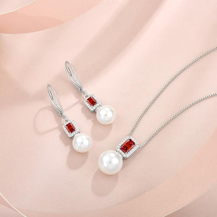 Pearl Jewelry Set 925 Sterling Silver Garnet Necklace Earrngs Emerald Cut January Birthstone Jewelry Gifts for Her