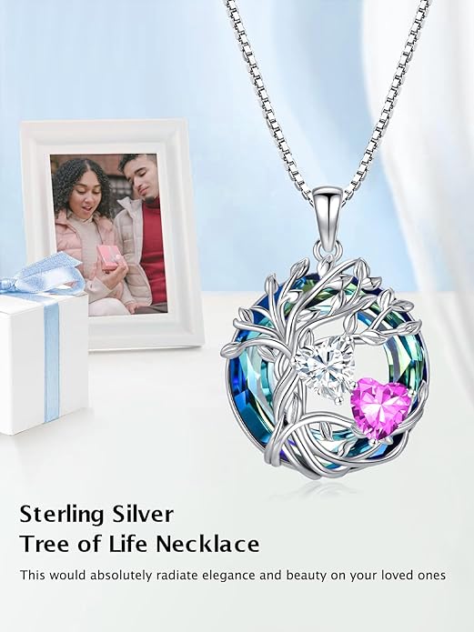 TOUPOP s925 Sterling Silver Family Celtic Tree of Life Pendant Necklaces with 2 Heart Birthstone with Blue Austrian Crystal Jewelry Birthday Valentines Day Gifts for Her, Anniversary Christmas Gifts for Wife Girlfriend Mom (18K Real White Gold Filled)