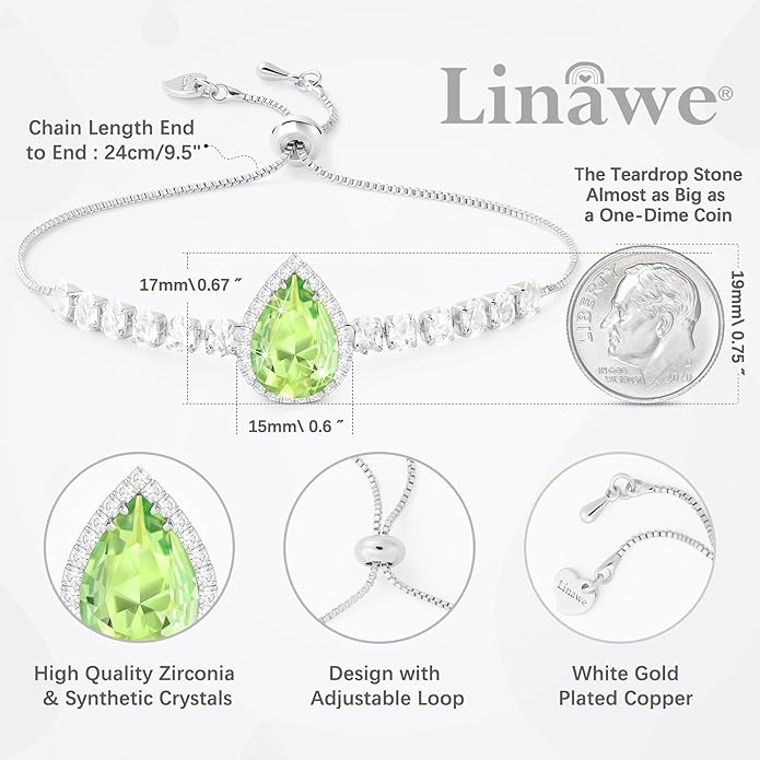 Linawe Crystal Imitation Diamond Rhinestone Charm Bracelets for Women, Gold/Silver/Rose Gold Adjustable Chain Bracelet, Teardrop Birthstone Cubic Zirconia Prom Costume Wedding Jewelry