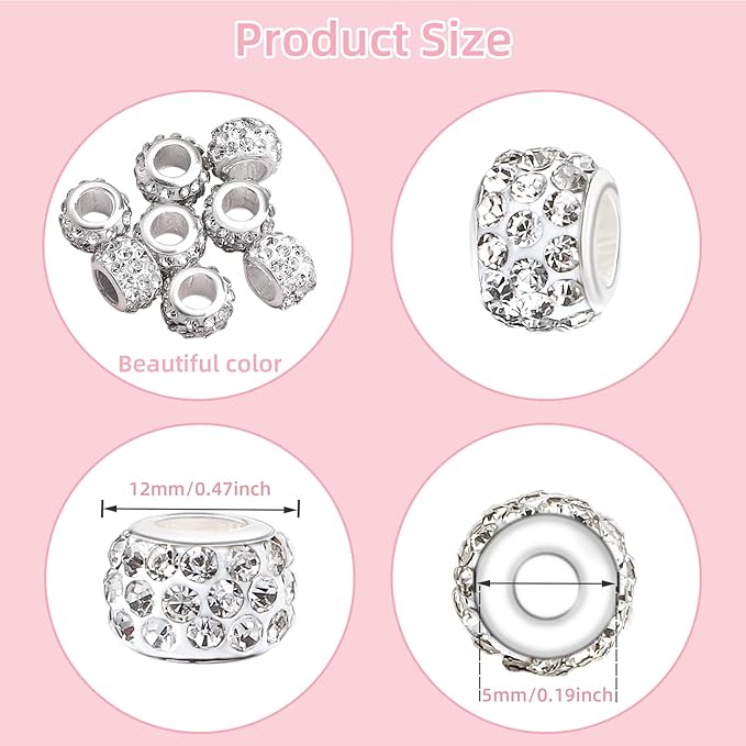 200 PCS European Large Hole Beads Rhinestone White European Beads Crystal Large Hole Craft Beads for DIY Charms Bracelet Jewelry Making