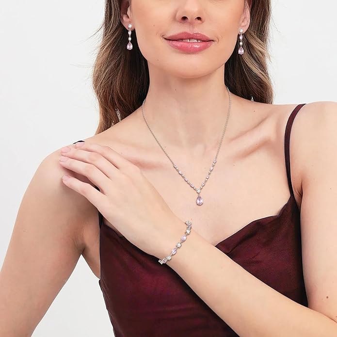 Crysdue Teardrop Bridal Jewelry Set for Wedding Party, Silver/14K/Rose Gold Plated Prom Costume Jewellery for Bride Bridesmaids Women, Cubic Zirconia Necklace Dangle Earrings Bracelet