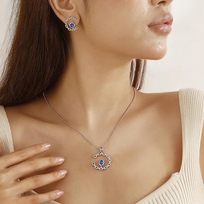 Elegant C-Shaped Crystal Necklaces/Stud Earrings Set with Birthstone Jewelry Set Silver Plated Fashion Jewelry for Women CS0003