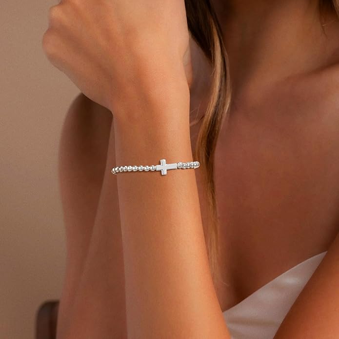 Gold Bracelets for Women, Cute 14K Gold/Silver Plated Stretch Beaded Bracelets for Women Trendy Stackable Charm Bracelet Dainty Adjustable Waterproof Non Tarnish Jewelry Gifts for Her