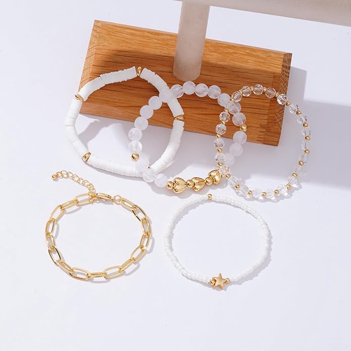 Heishi Beaded Stretch Bracelets for Women Stackable Polymer Clay Beads Bracelets Friendship Boho Summer Beach Bracelet Jewelry Set