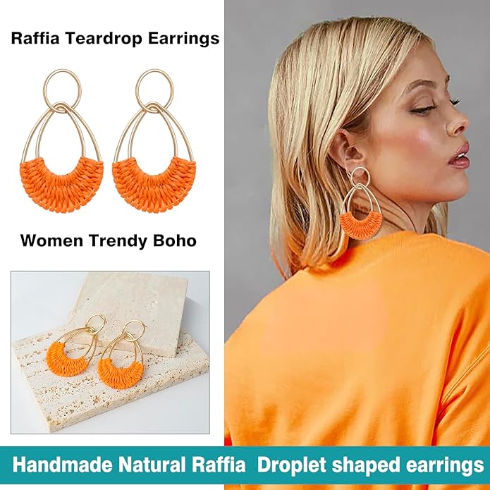 Raffia Hoop Earrings for Women Fun Boho Summer Beach Earrings Lightweight Handmade Straw Wicker Rattan Dangle Earrings Statement Geometric Round Drop Earrings