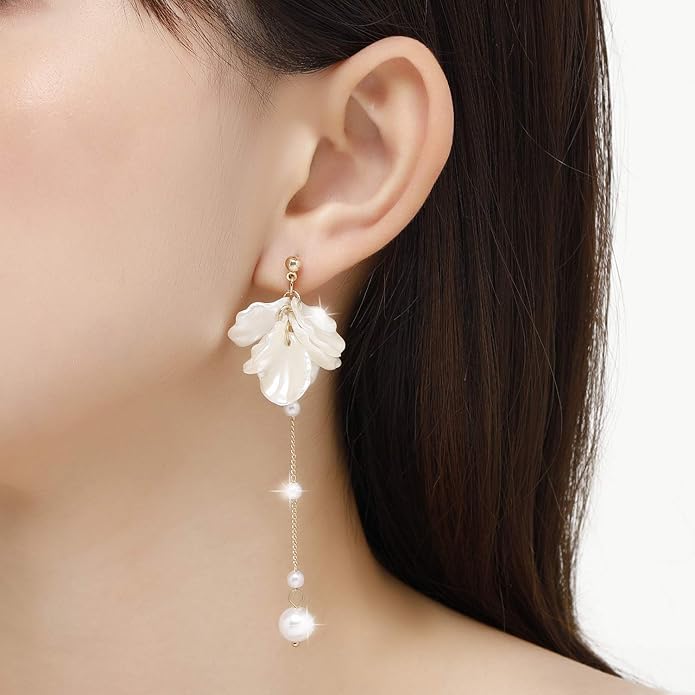Kruckel Pearl Flower Long Drop Dangling Earrings - Cute Sparkly Golden Stud Lightweight Women Jewelry, White Petal Dangles, Easy - Wear Fashion Design Accessory with Durable Jewelry Box