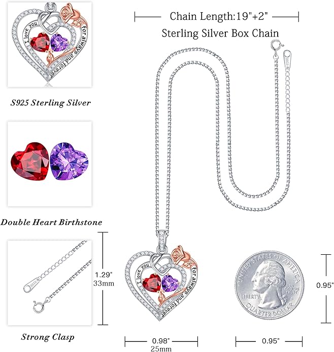 Iefil Valentines Day Gifts for Her Wife - 925 Sterling Silver Double Birthstone Necklace, Anniversary Birthday Gifts for Women, Jewelry Gift for Wife Girlfriend Mom Her