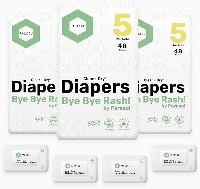 Parasol Clear+Dry Disposable Diapers and Clear+Pure Wipes Kit, RashShield Protection, Size 5 (26-36 lbs), Diaper Bundle of 144 Diapers & 240 Wipes